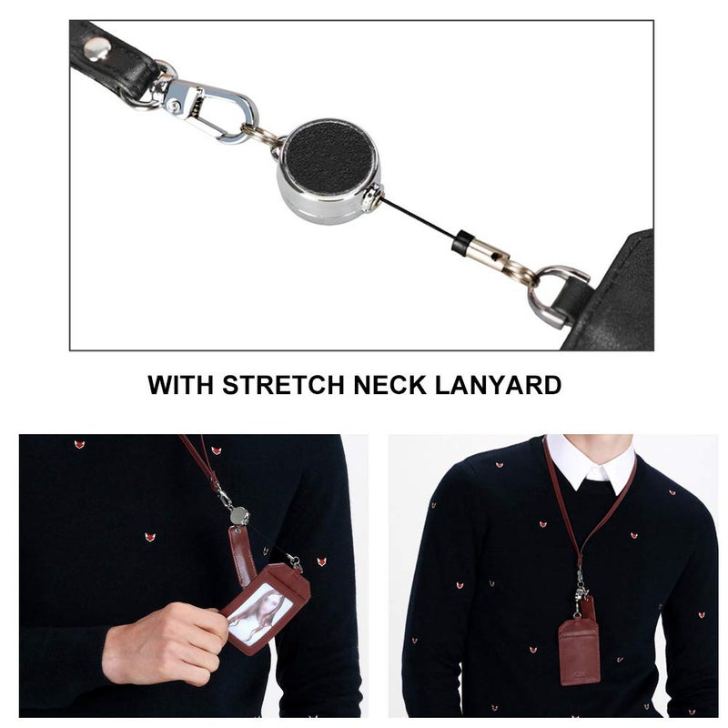 boshiho Office Badge Holder - Boshiho Genuine Leather Credit ID Card Holder with Stretch Neck Lanyard Vertical Style (Wine) - Image 4